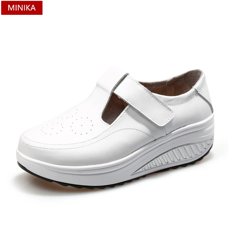 Minika New 2017 Women Genuine Leather Shoes Breathable Women's Flat Platform Wedge Shoes Light Weight Spring Autumn D140
