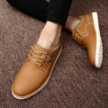 Spring Autumn Men Leather Casual Shoes Male Comfortable Leather Shoes Men Work Shoe Solid Color Lace-up Flats Size 39-44