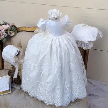White/ivory lovely infant christening dresses for baby boy girls short sleeves baptism gowns with bonnet