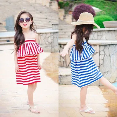Wholesale(300pcs/lot)- 2017 summer STRIPED flounced wide strapless dress for child girl