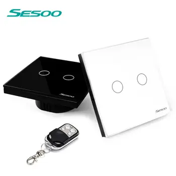 SESOO EU Standard 2 Gang 1 Way Remote Control Touch Switch Remote Wall Light Switch With Cystal Glass Panel & LED Indicator