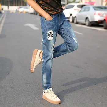 Men Ripped Jeans Skull Patched Tapered Slim Fit Blue Biker Jeans Students Boys Man Hip Hop Casual Pants Retro Denim Large Size