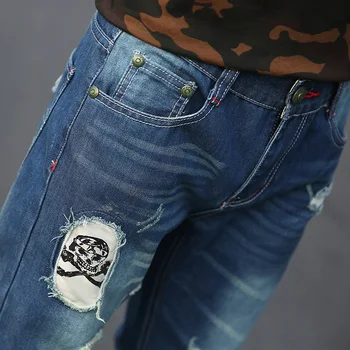 Men Ripped Jeans Skull Patched Tapered Slim Fit Blue Biker Jeans Students Boys Man Hip Hop Casual Pants Retro Denim Large Size