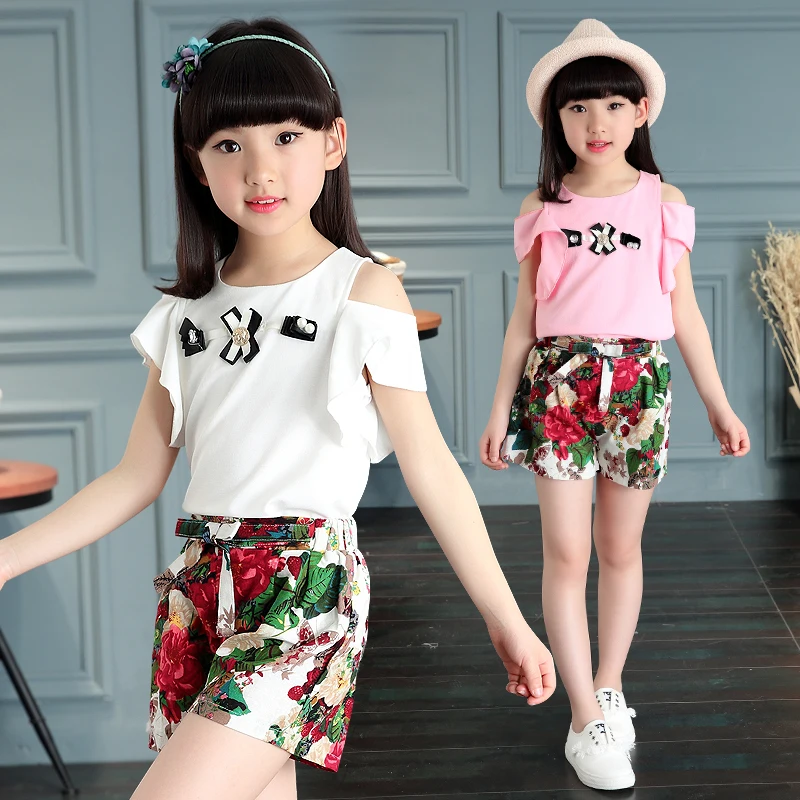 2017 Summer Style Baby Girl Clothing Set Sexy Style Blouse+ Floral Pants 2pcs/set Kid Cotton Clothes Set 3 4 6 8 9 10 12 Years