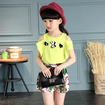 2017 Summer Style Baby Girl Clothing Set Sexy Style Blouse+ Floral Pants 2pcs/set Kid Cotton Clothes Set 3 4 6 8 9 10 12 Years