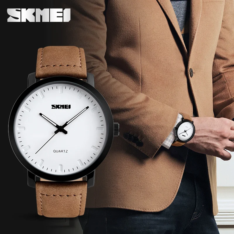 SKMEI Brand New Fashion Brown Leather Strap Watches Men Quartz Watch Waterproof Men Wristwatches