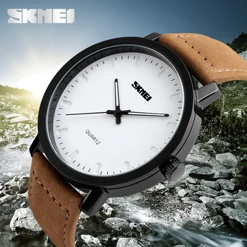 SKMEI Brand New Fashion Brown Leather Strap Watches Men Quartz Watch Waterproof Men Wristwatches