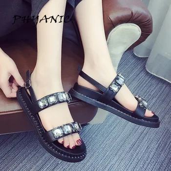 PHYANIC Crystal Shoes Woman 2017 Bling Gladiator Sandals Casual Creepers Slip On Flats Beach Platform Women Shoes PHY4041