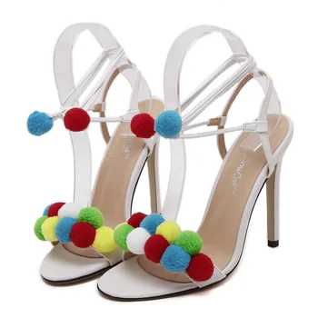 2016 summer multi-colored floccular banding bandage thin heels pompon high heel sandals diamond plush ball shoes