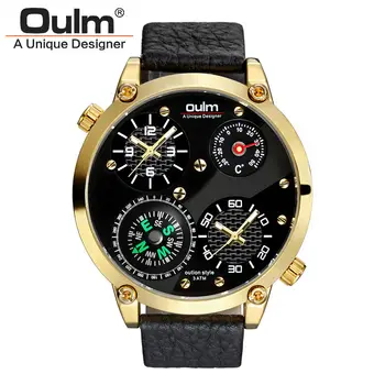 Unique Designer Thermometer Compass Military 2 Time Zone Double Movement Oulm Brand Real Mens Watches Gift Luxury reloj hombre