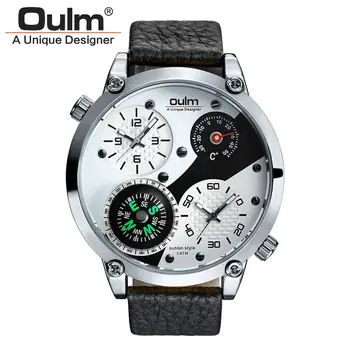 Unique Designer Thermometer Compass Military 2 Time Zone Double Movement Oulm Brand Real Mens Watches Gift Luxury reloj hombre