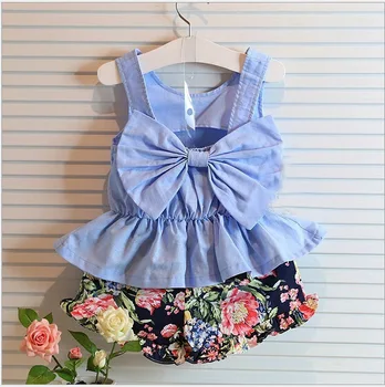 Fashion baby girls summer clothing sets bow 2pcs girls summer clothes set kids fashion suit set vest+floral short 2-5years jean