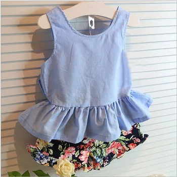 Fashion baby girls summer clothing sets bow 2pcs girls summer clothes set kids fashion suit set vest+floral short 2-5years jean