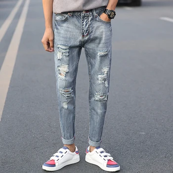 2017 Men Jeans Ripped Broken Man Hip Hop Brand Clothing Straight Slim Fit Tapered Light Blue Trendy Large Size 38 40