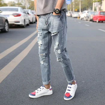 2017 Men Jeans Ripped Broken Man Hip Hop Brand Clothing Straight Slim Fit Tapered Light Blue Trendy Large Size 38 40