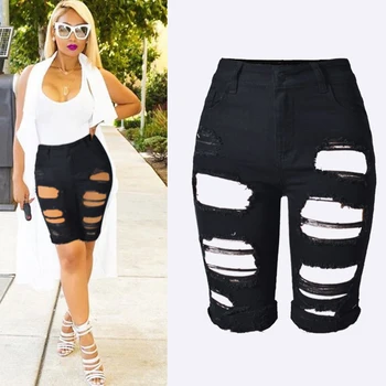 2017 SUMMER Women Cloth Shorts Knee Length Jeans Personality Hole Ripped Pants Trend Street Lady Slim Stretch Denim Short Pants