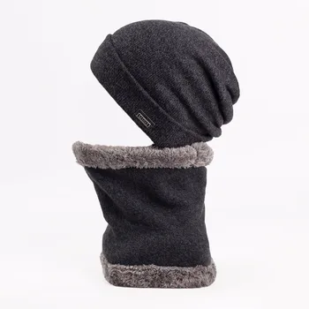 2Pcs/Set Men Soft Wool Warm Winter Hats & Ring Scarf For Men And Women Cashmere Beanie Cap&Scarf Solid Knitted Hat