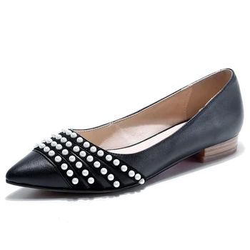 Women genuine leather ballet flats Women Faux Pearl Embellished Pointed Toe Flat Heel Leisure Shoes Woman Leather Flats 34-43