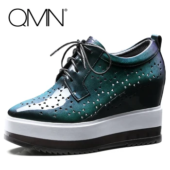 QMN women genuine leather platform flats Women Patent Leather Breathable Leisure Shoes Woman Height Increasing Creepers