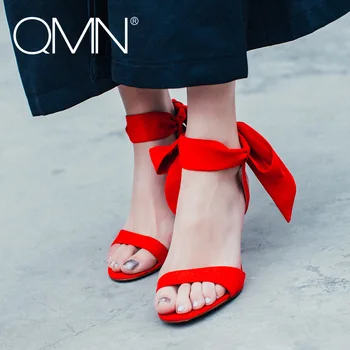 QMN women genuine leather sandals Women Natural Suede High Heels Ankle Strap Summer Leisure Shoes Woman Thin Heel Sandals