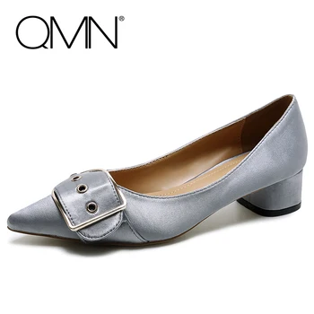 QMN women satin pumps Women Buckled Block Heels Pointed Toe Leisuer Shoes Woman Middle Heel Fashion Pumps 34-39
