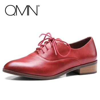 QMN women brushed glossed leather brogue shoes Women Pointed Toe Oxfords Lace Up Casual Shoes Woman Genuine Leather Flats