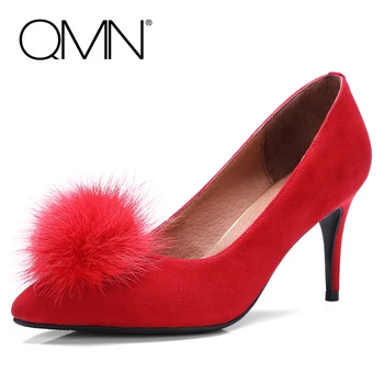 QMN women mink fur pompom embellished suede pumps Women Sexy Pointed Toe High Heels Shoes Woman Genuine Leather Dress Pumps