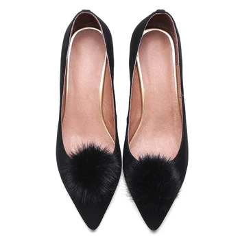 QMN women mink fur pompom embellished suede pumps Women Sexy Pointed Toe High Heels Shoes Woman Genuine Leather Dress Pumps
