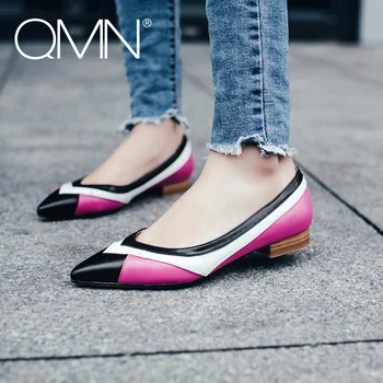 QMN women genuine leather ballet flats Women Patchwork Leather Pointed Toe Flat Heel Slip On Leisure Shoes Woman Flats 34-43
