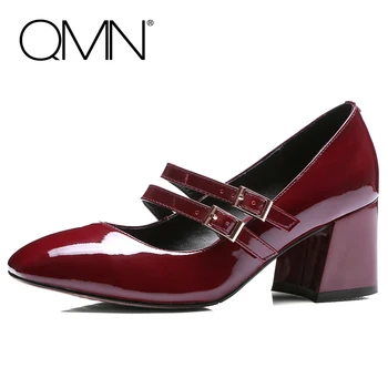 QMN women genuine leather pumps Women Retro Two Buckle Square Toe Mary Janes Shoes Woman Patent Leather Block Heels Pumps