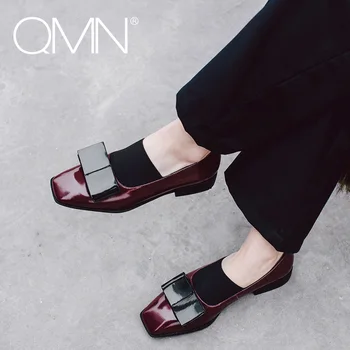 QMN women genuine leather flats Women Retro Bow Embellished Glossed Leather Square Toe Loafers Slip On Casual Shoes Woman Flats