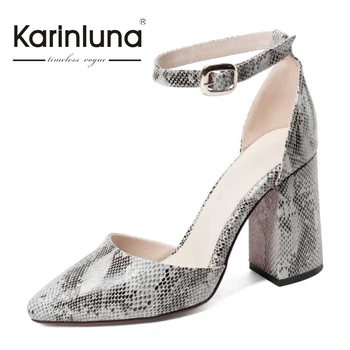 KARINLUNA Quality Snakeskin Printed Microfiber Women High Heel Sandals Summer Pointed Toe Ankle Straps Shoes Party Wedding