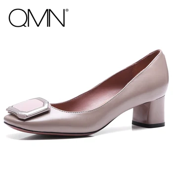 QMN women genuine leather pumps Women Glossed Leather Square Toe Block Heels Court Shoes Woman Shallow Heels