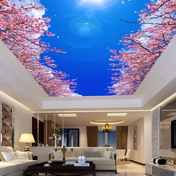 Modern minimalist bedroom living room ceiling mural wallpaper blue and white cherry wallpaper