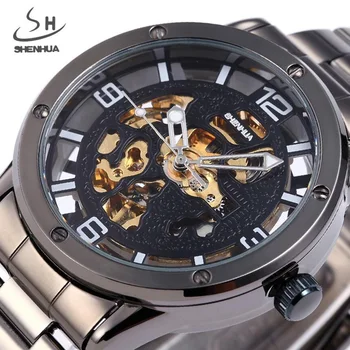 New Fashion Steampunk Black Skeleton Watches Men SHENHUA Luxury Brand Automatic Mechanical Wrist Watches Men relogio masculinos