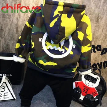 Chifave 2016 Winter Thick Warm Baby Boys Suit Sets Camouflage Hooded Zipper Sweatshirt+Print Elastic Pants 2 Pcs Kids Boys Sets