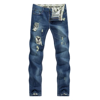 Skull Character Designer Jeans Men Tapered Slim Europe American Style Blue Pencils Retro Grey Vintage Ripped Broken Man Patched
