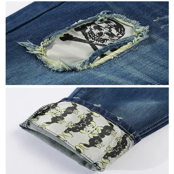 Skull Character Designer Jeans Men Tapered Slim Europe American Style Blue Pencils Retro Grey Vintage Ripped Broken Man Patched