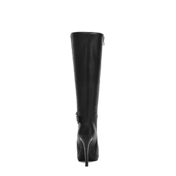 QUTAA 2017 Winter 2016 Knee High Boots PU leather Thin High Heel Pointed Toe Women Shoes Boots Black Sown Boots size 34-39