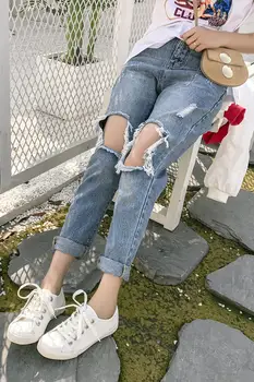 2017 summer skinny jeans women korean high waist jeans pant scratch worn jeans stretch pencil plus