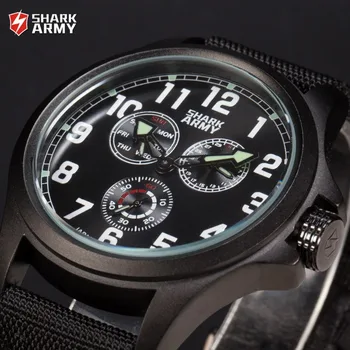 Shark Army Sport Watches Men Auto Date Day Display Nylon Fabric Strap Relogio Masculino Male Clock Quartz Military Watch/ SAW128