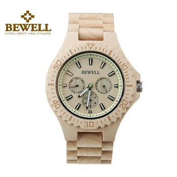 BEWELL Men's Multifunction Wood Watches Three Work Sub-Dail Design Analog Business Male Watch Wooden Quartz Wristwatches 116B