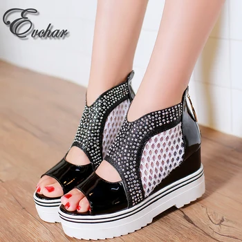 Sexy Women's Sandals Peep Toe High Wedge Heel With Platform Transparent Mesh crystals Decoration Summer Women Shoes size 34-43