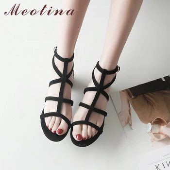 Meotina Summer Gladiator Sandals Rome Ankle Strap Mid Heels Buckle Kid Suede Leather Rhinestone Party Shoes hunky Heel Sandals