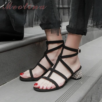 Meotina Summer Gladiator Sandals Rome Ankle Strap Mid Heels Buckle Kid Suede Leather Rhinestone Party Shoes hunky Heel Sandals