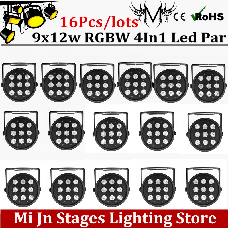 16pcs 9*12W Flat LED Par Lights power in and out 9x12w RGBW 4IN1 PAR DMX512 control disco lights professional stage DJ equipment