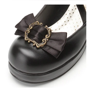 2017 Spring Womens Pumps Shoes Genuine Leather Platform Shoes Bow Shoes Lolita Sweet Middle High Heel Pump lolita Cosplay Ladies