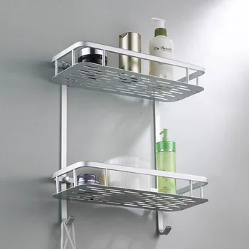 Two Layer Bathroom Rack Space Aluminum Towel Washing Shower Basket Bar Shelf