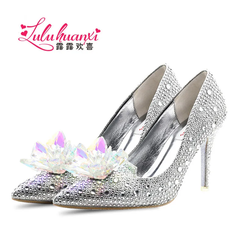 Women's shoes luxury brand female Cinderella Glass crystal Red Silver High-heeled shoes thin heels pointed toe party / Wedding