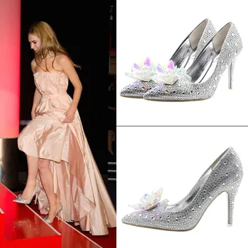 Women's shoes luxury brand female Cinderella Glass crystal Red Silver High-heeled shoes thin heels pointed toe party / Wedding
